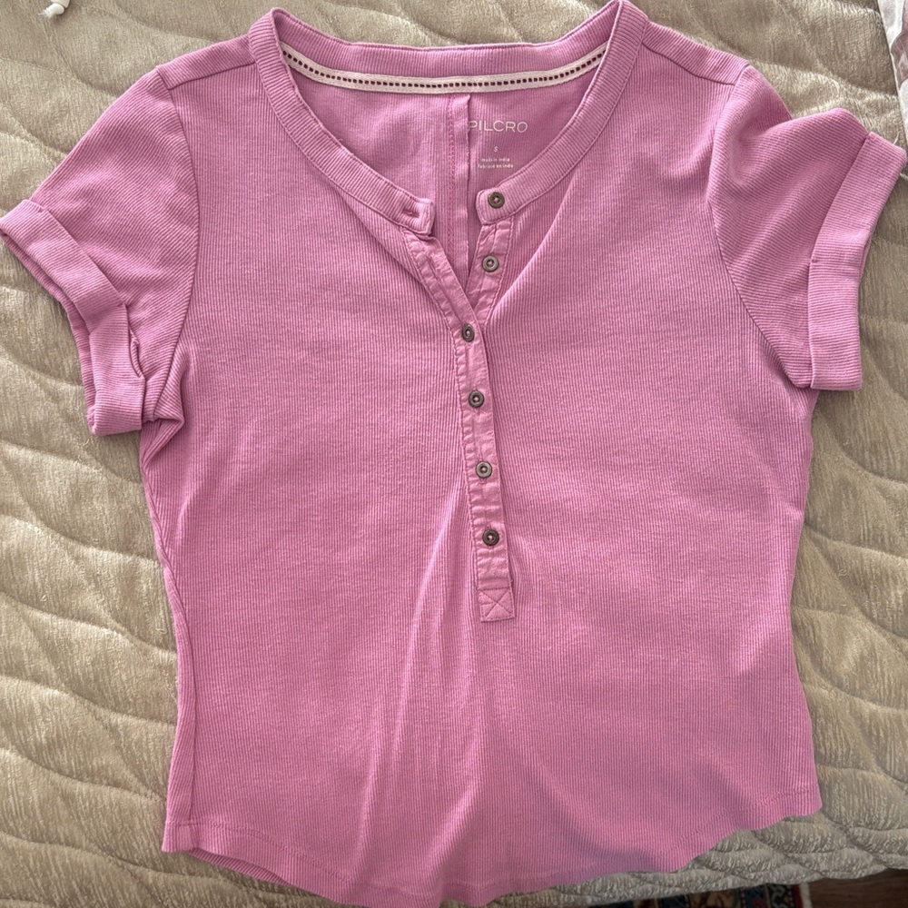 Pilcro Mauve Pink Henley Short Sleeve Top